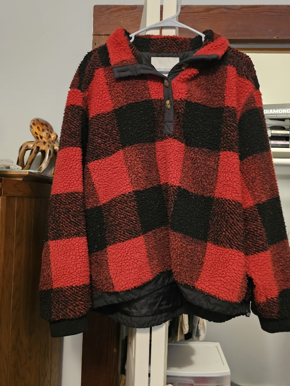 American Eagle Outfitters Red and Black Buffalo Plaid Sherpa Half-Zip Jacket